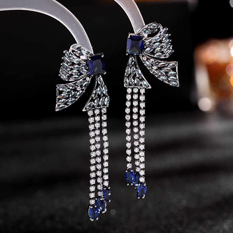 French Heavy Industry Color Tassel Long Zircon Earrings