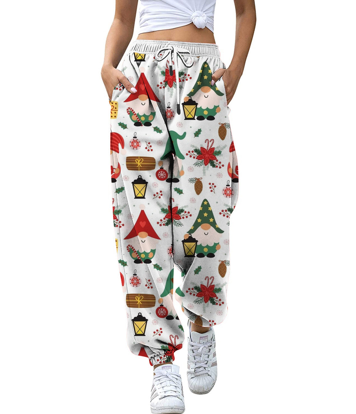 "European & American Christmas High-Waist 3D Printed Casual Drawstring Pants for Women"