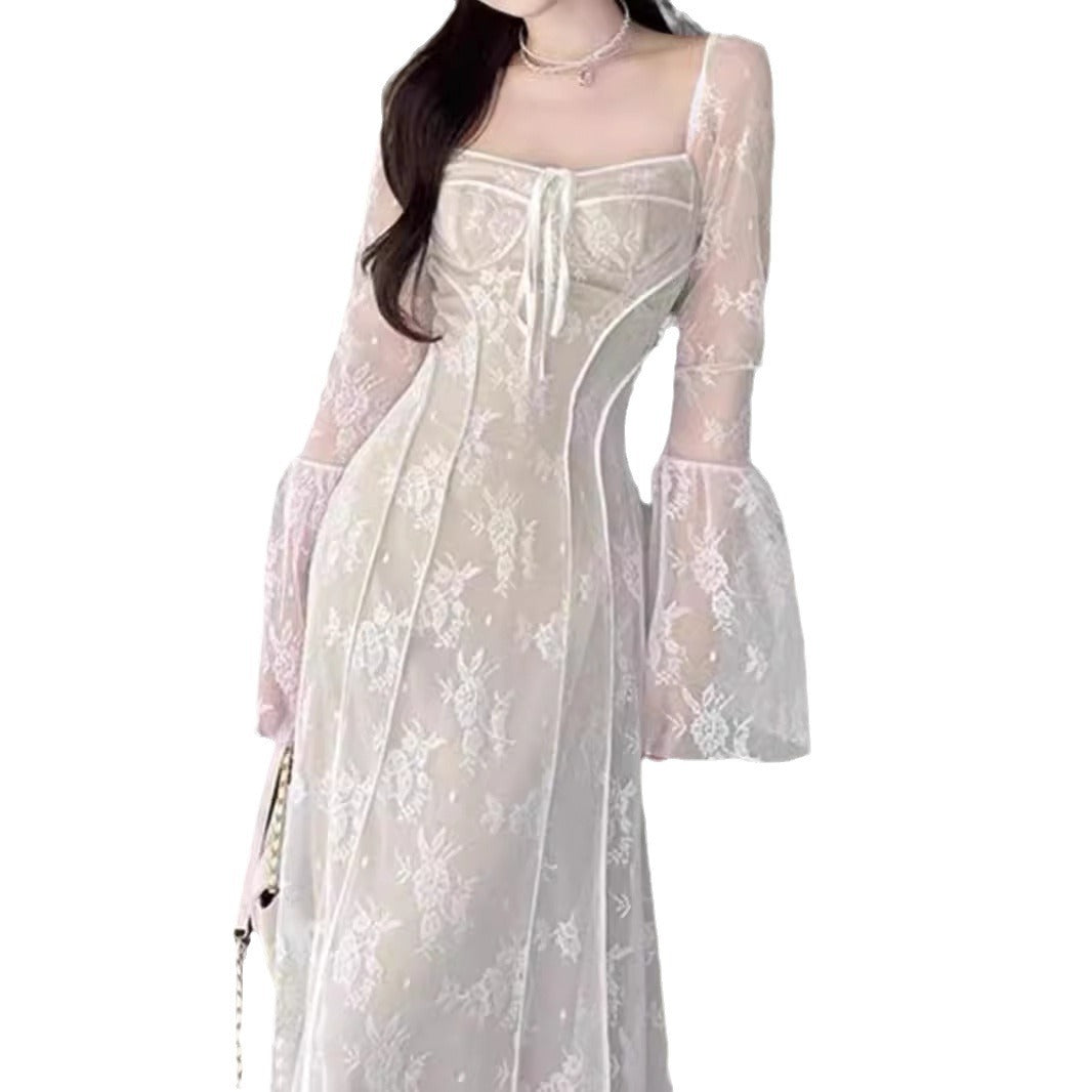 "Women's Lace Mesh Fishtail Dress - Elegant Slim Fit Gown"