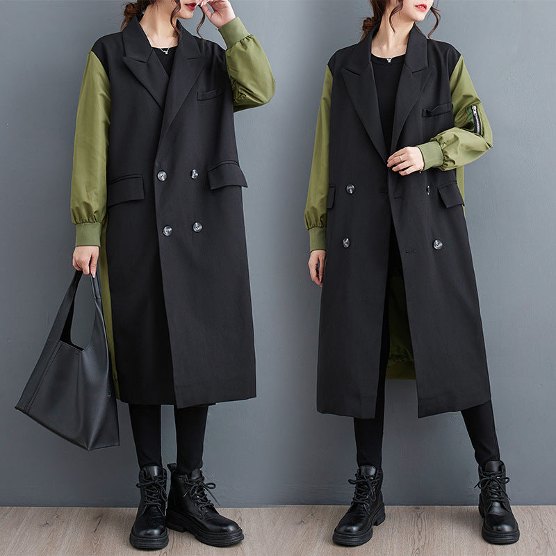 "Temperament Leisure Color Matching Double-layer Suit Collar Cardigan Trench Coat"