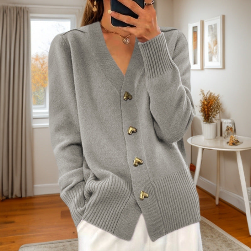 "Autumn & Winter Solid Color Long Sleeve V-Neck Knitted Cardigan"