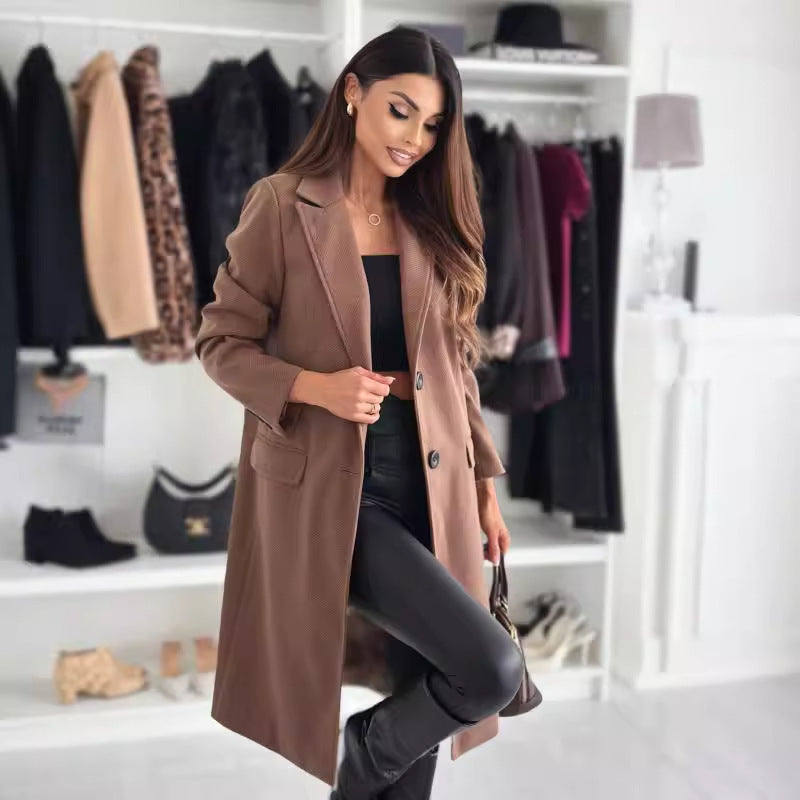 "Women's Lapel Single-Breasted Wool Coat – Winter Solid Color Long Jacket"