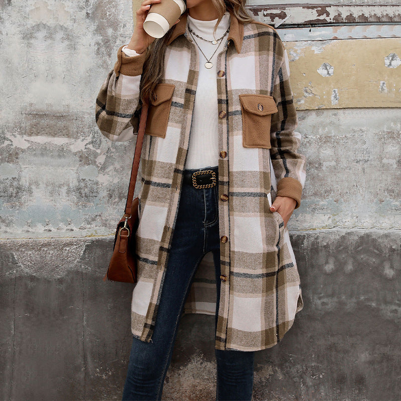 "New Brushed Plaid Long Coat with Pockets – Fashionable Winter Jacket for Women"