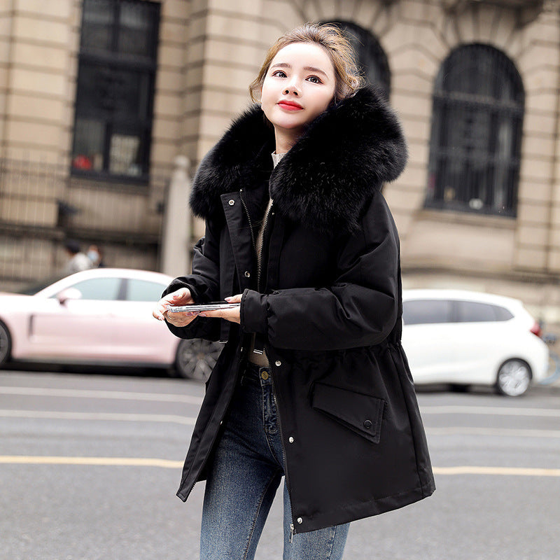 "New Fleece-Lined Mid-Length Coat – Big Fur Collar Thicken Cotton Outerwear for Ultimate Winter Warmth"