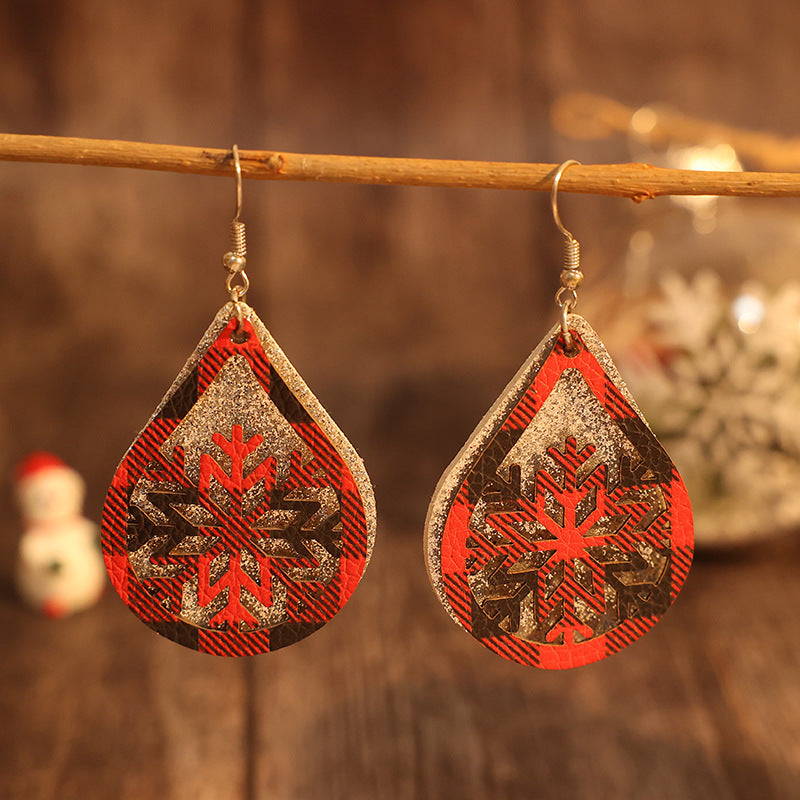 "Double-Layer Silver Red Black Plaid Hollow Snowflake Leather Earrings – Festive & Fashionable Statement Jewelry"