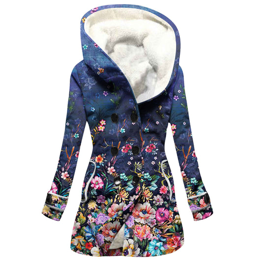 "Women's Winter Windbreaker – Thickened Imitation Lamb Stitching Floral Hooded Coat"