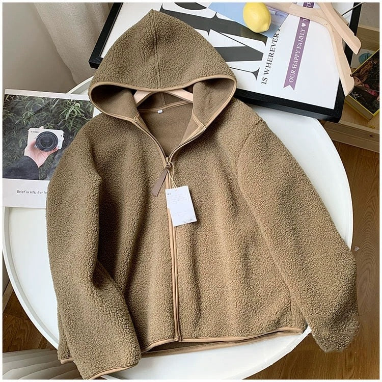 "Autumn & Winter Faux Cashmere Polar Fleece Hooded Jacket – Cozy Long Sleeve Zippered Outerwear"