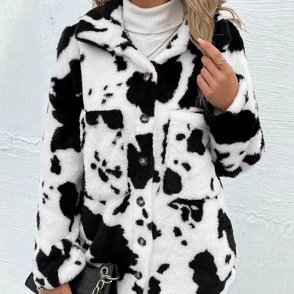 "Double-Sided Plush Cow Pattern Pocket Top Coat – Cozy & Trendy Outerwear for Women"