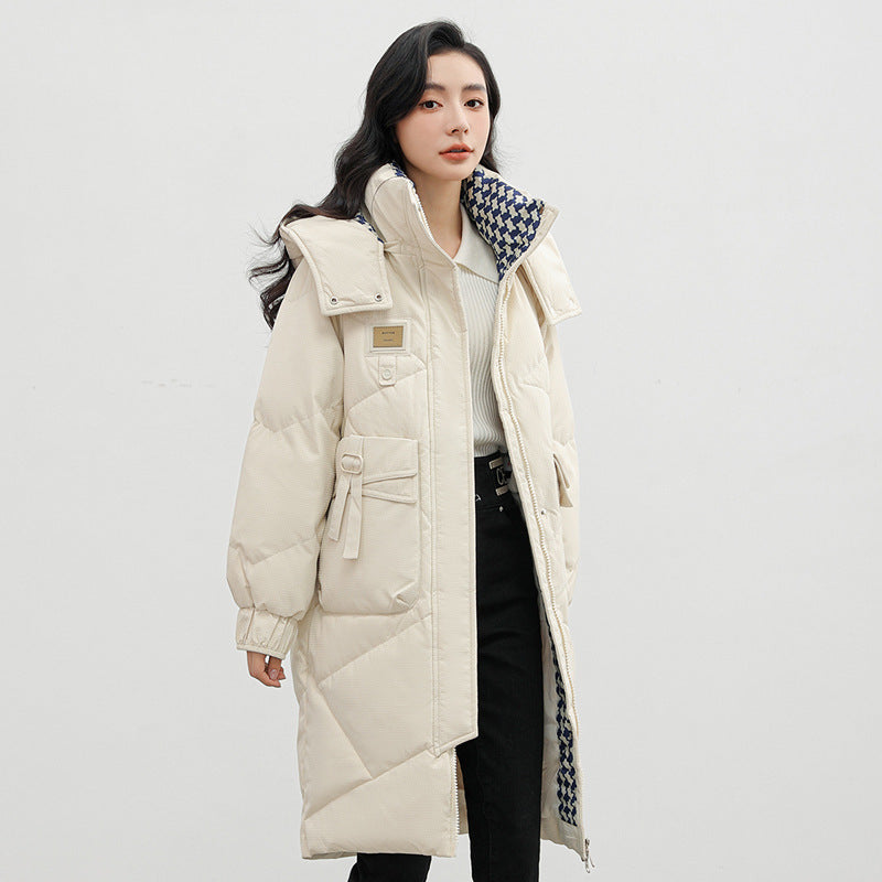 "Detachable Hat Cotton Coat – Over-the-Knee Padded Down Jacket for Winter"