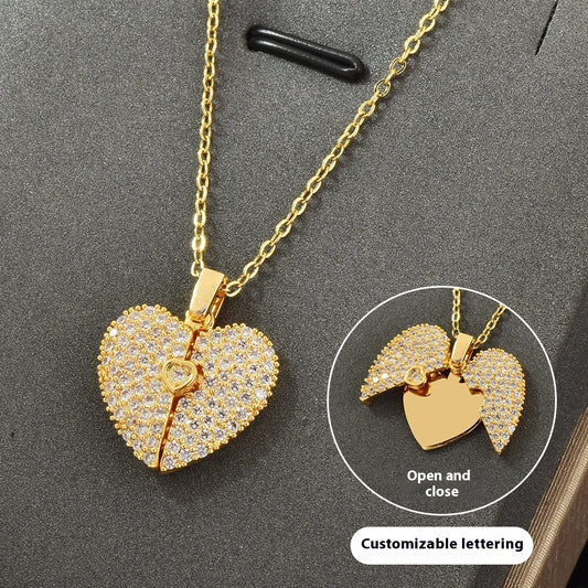 "Heart-Shaped Cross-Border Zircon Necklace with Engraved Opening Pendant – Customizable Luxury for Women"