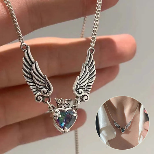 "Vintage Gothic Heart Crown Angel Wings Pendant Necklaces For Women Fashion Exquisite Love Shape Clavicle Chain Choker Jewelry"