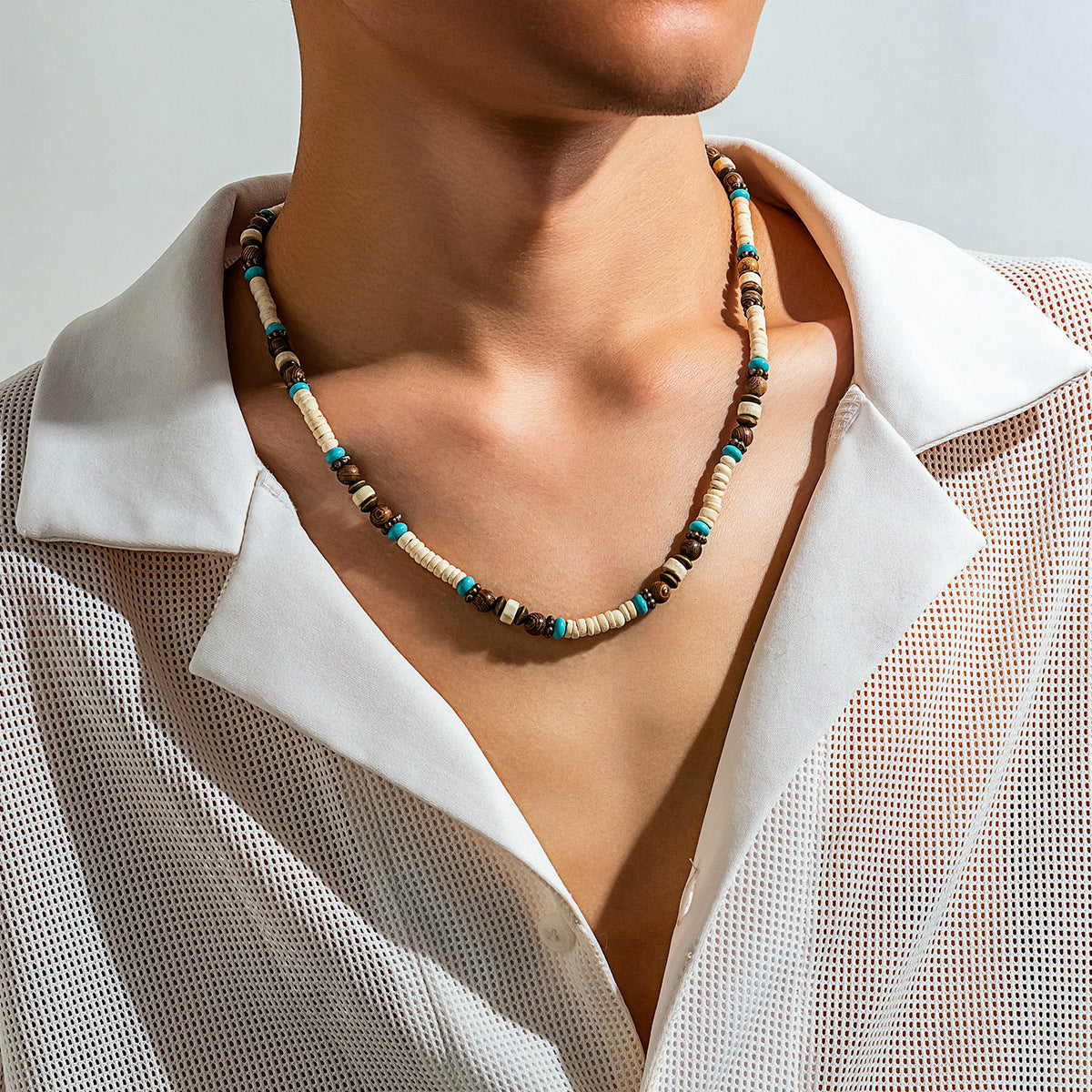 Men's Bohemian Wooden Bead Stitching Beaded Necklace