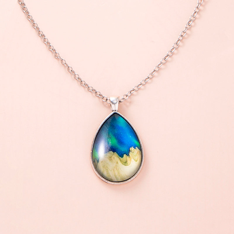 "Fashion Aurora Mountains Starry Glass Necklace – Silver Teardrop Pendant Jewelry for Women and Girls"