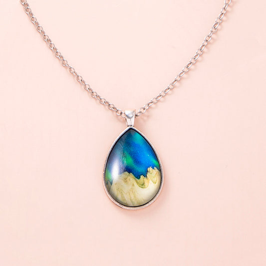 "Fashion Aurora Mountains Starry Glass Necklace – Silver Teardrop Pendant Jewelry for Women and Girls"