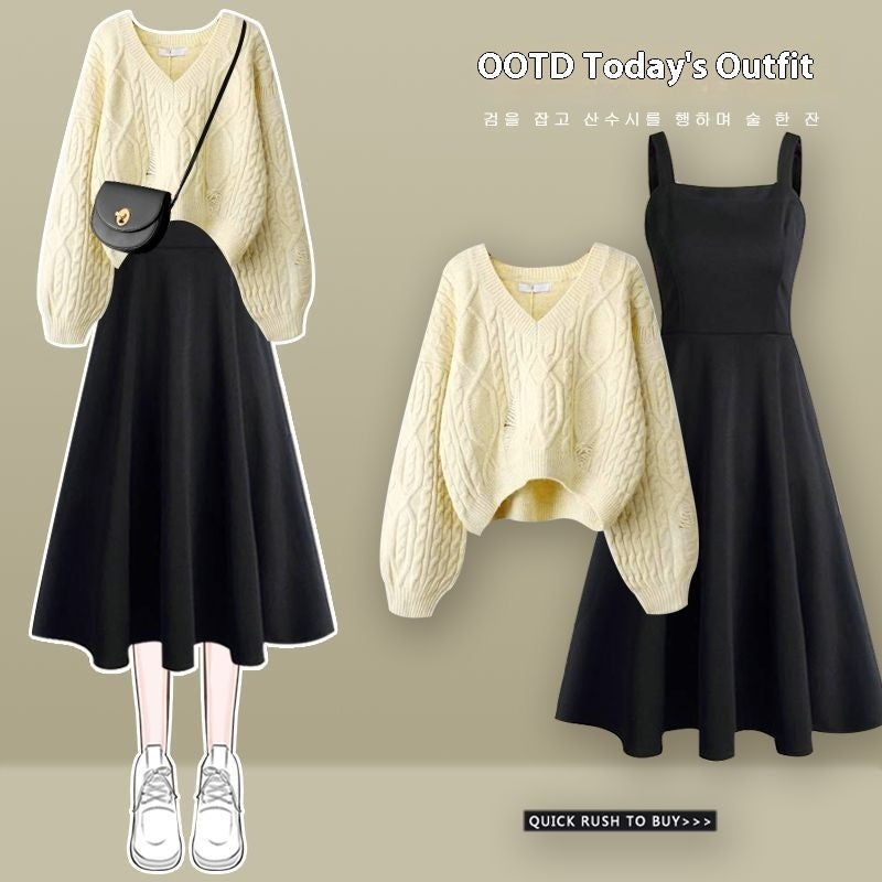 "Women's Chanel-inspired Suit – 2024 Spring Bow Knitted Sweater & Slimming Versatile Dress Two-piece Set"