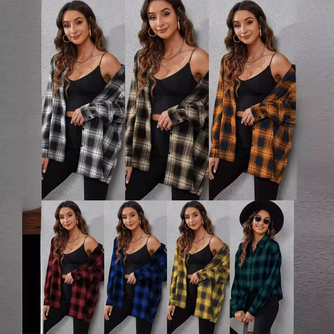 "Women's Fashion Plaid Cardigan Loose Shirt – Casual & Cozy Layer"