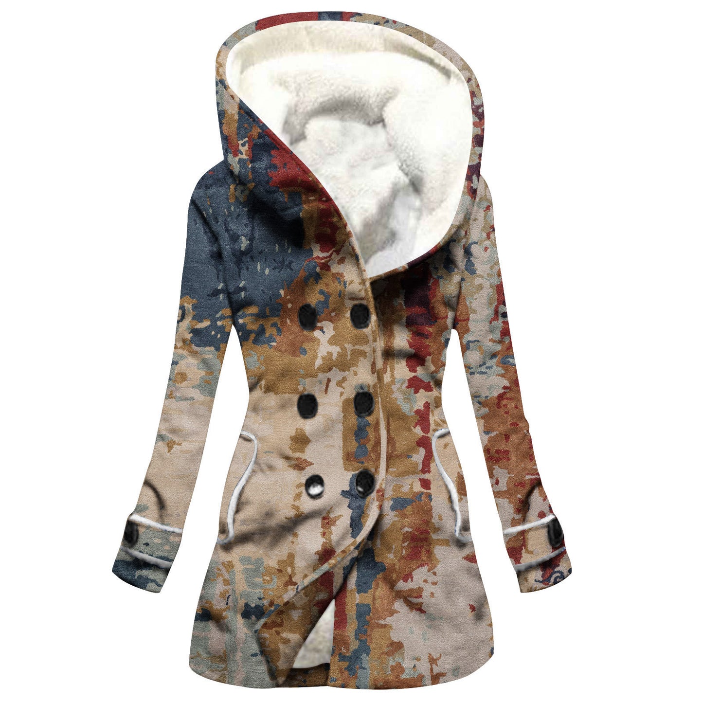 "Women's Winter Windbreaker – Thickened Imitation Lamb Stitching Floral Hooded Coat"