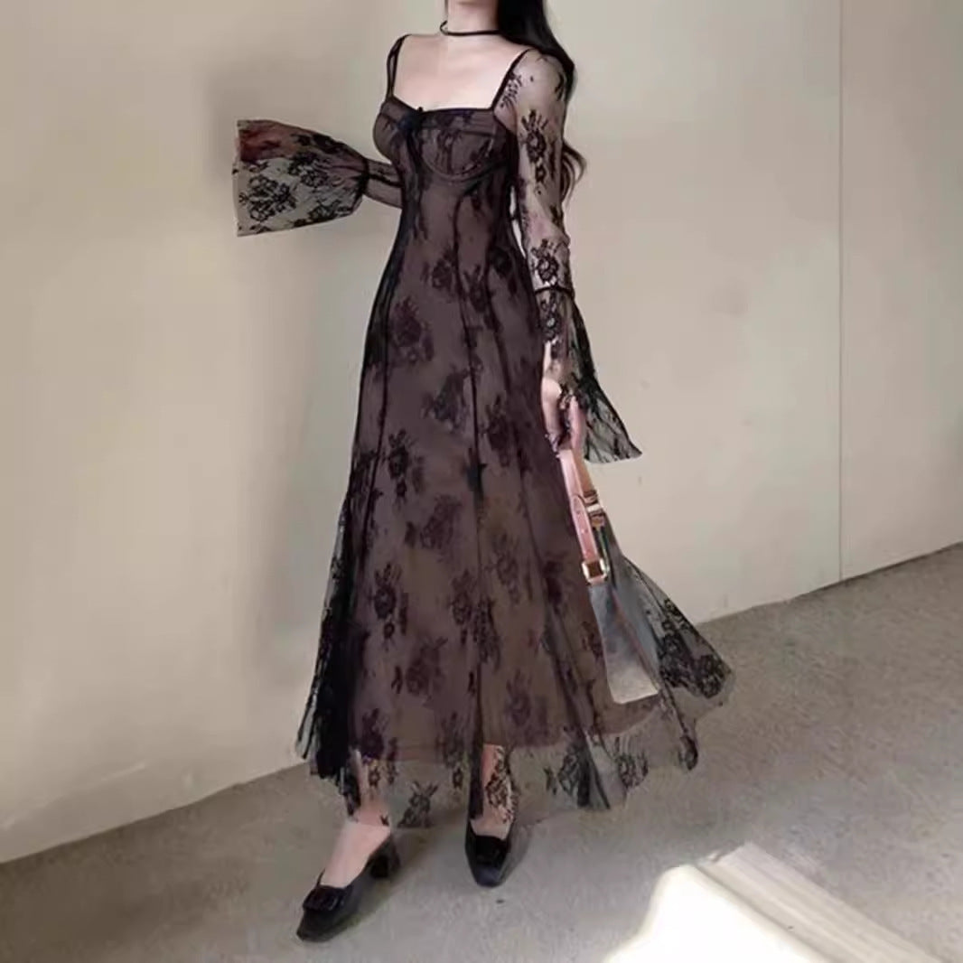 "Women's Lace Mesh Fishtail Dress - Elegant Slim Fit Gown"