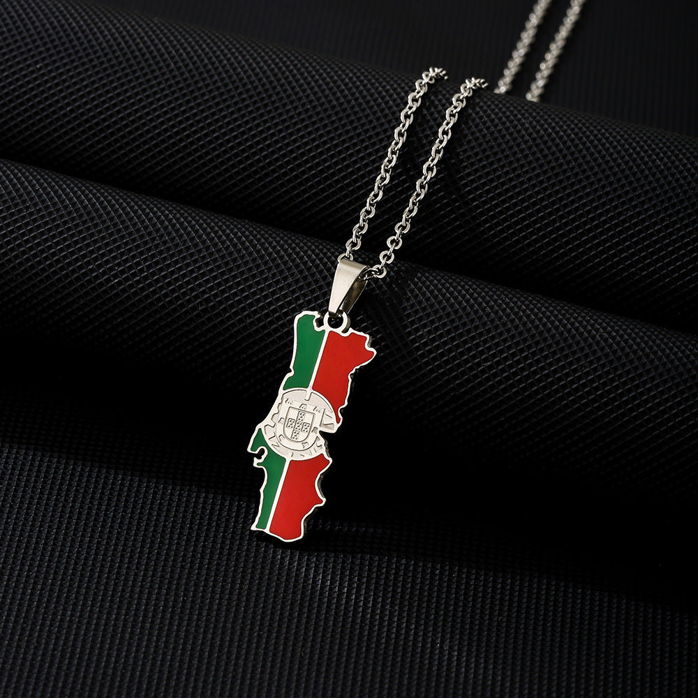 "Portugal Map Flag Stainless Steel Pendant Necklace – Stylish Jewelry for Proud Portuguese"