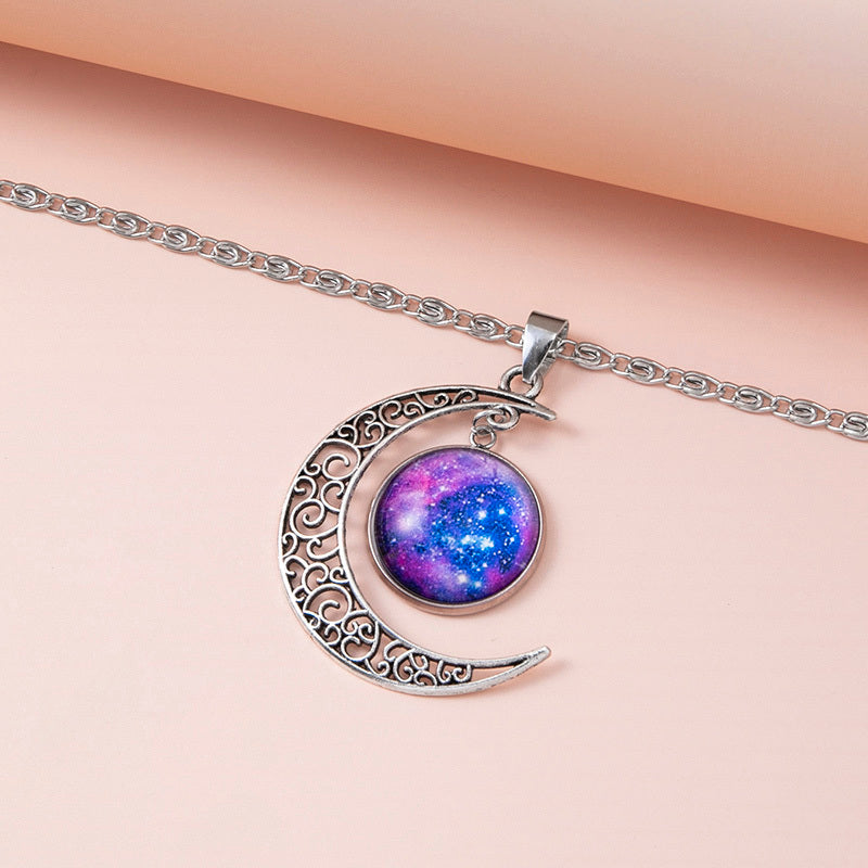 "Galaxy Planet Star Glass Necklace with Silver Hollow Moon Pendant – Cosmic Statement Jewelry for Women"