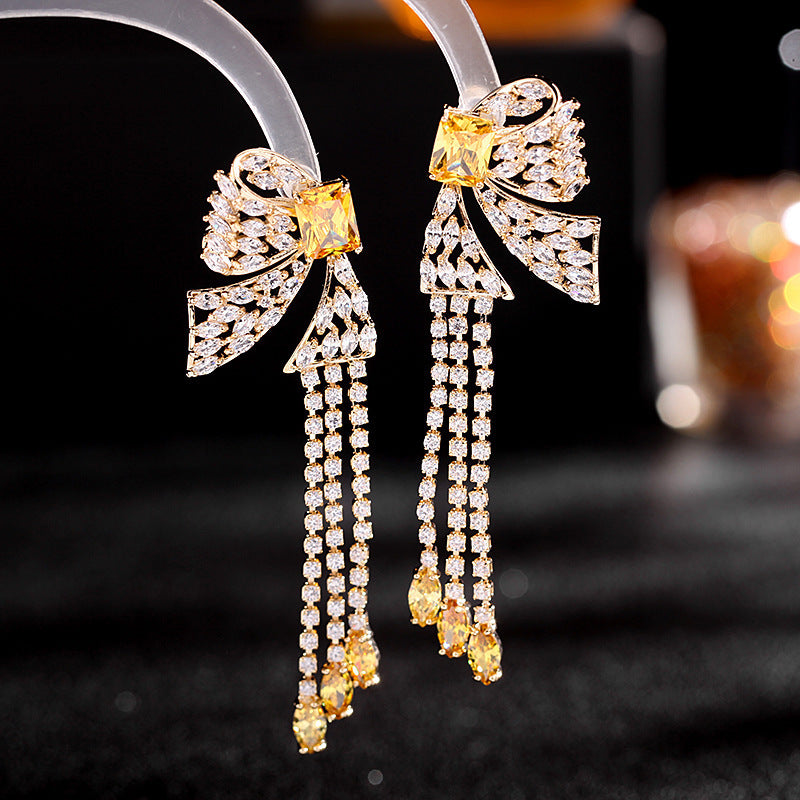 French Heavy Industry Color Tassel Long Zircon Earrings