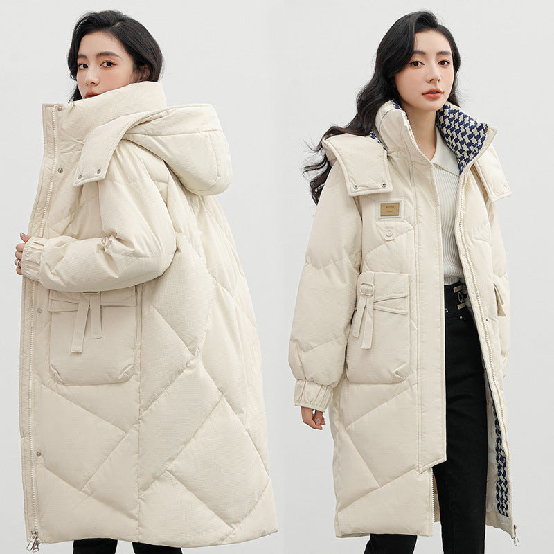 "Detachable Hat Cotton Coat – Over-the-Knee Padded Down Jacket for Winter"