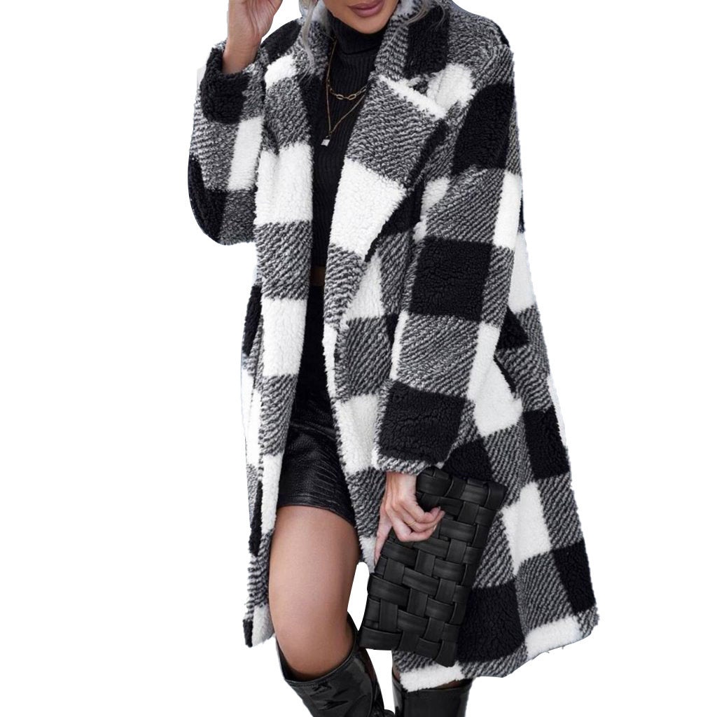 "Women's Lapel Long Sleeve Non-Buckle Plaid Long Coat"