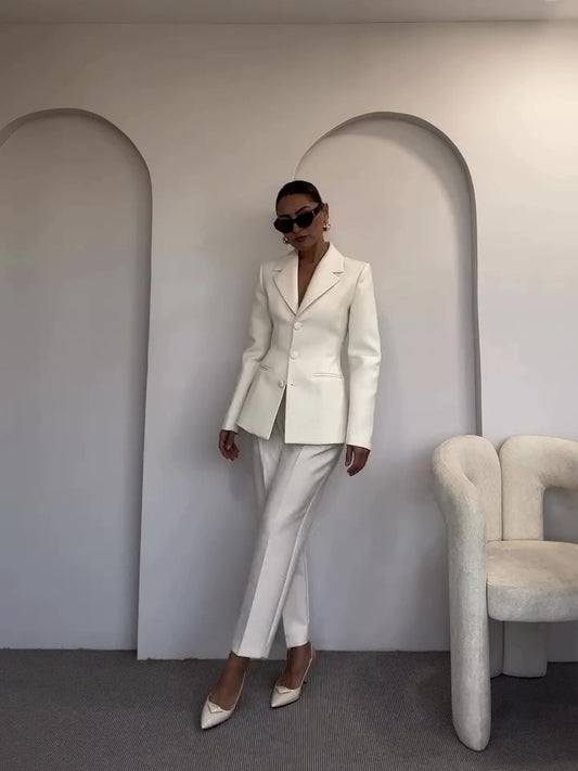 "Classic Waist-Cinched Blazer & High-Waisted Pants White Suit – Elegant Power Suit for Women"