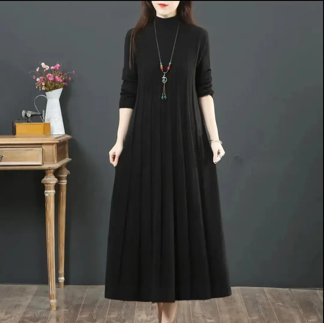 "Women's Loose Solid Color Sweater Pleated Dress – Casual Chic for Everyday Style"