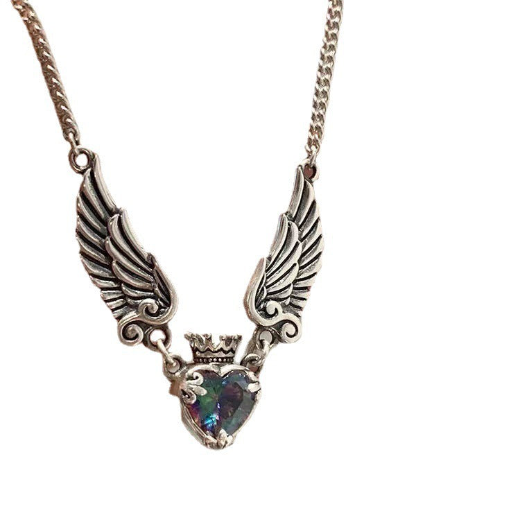 "Vintage Gothic Heart Crown Angel Wings Pendant Necklaces For Women Fashion Exquisite Love Shape Clavicle Chain Choker Jewelry"