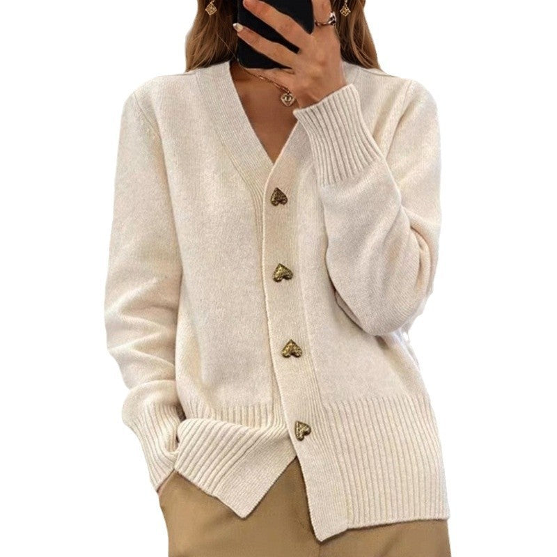 "Autumn & Winter Solid Color Long Sleeve V-Neck Knitted Cardigan"