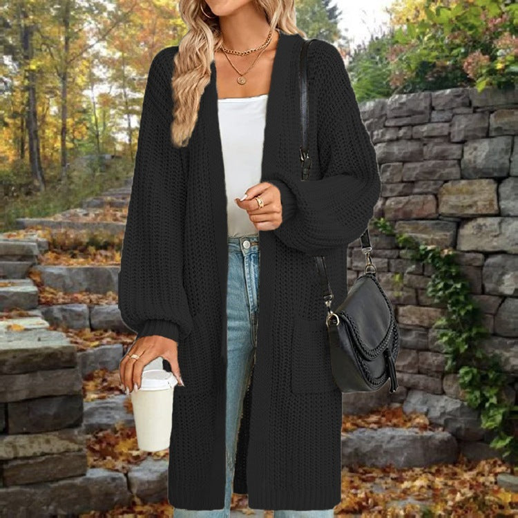 "European & American Lantern Sleeve Cardigan – Loose Fit Mid-Length Sweater with Pockets for Autumn & Winter"