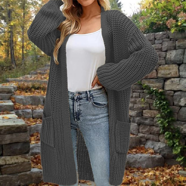 "European & American Lantern Sleeve Cardigan – Loose Fit Mid-Length Sweater with Pockets for Autumn & Winter"