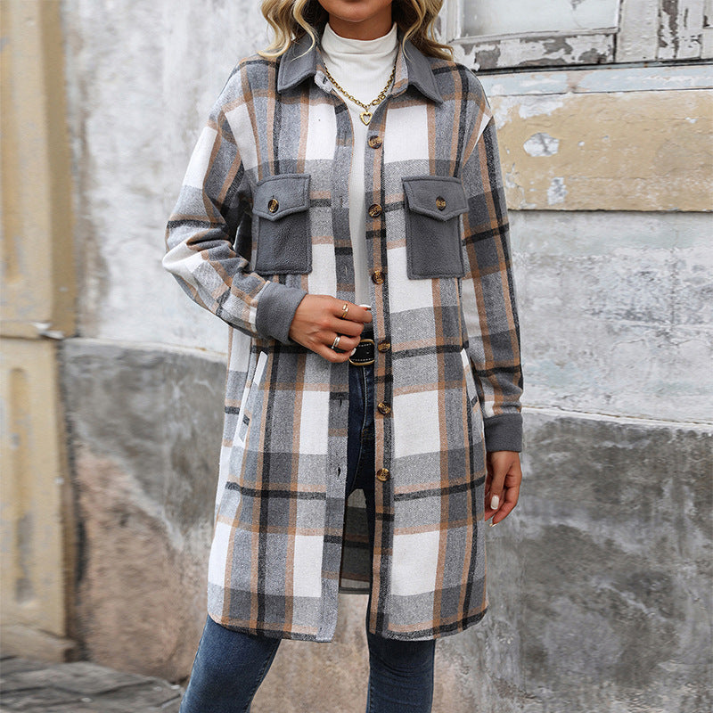 "New Brushed Plaid Long Coat with Pockets – Fashionable Winter Jacket for Women"