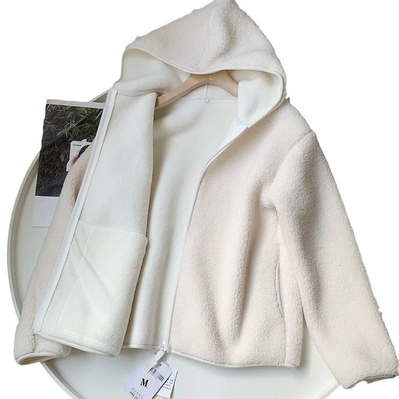 "Autumn & Winter Faux Cashmere Polar Fleece Hooded Jacket – Cozy Long Sleeve Zippered Outerwear"