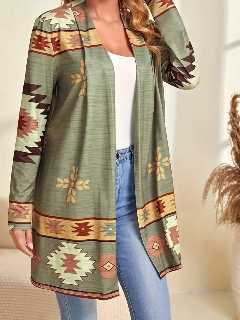 "Women's Loose Printed Ethnic Style Knitted Cardigan – Casual Boho-Inspired Jacket"