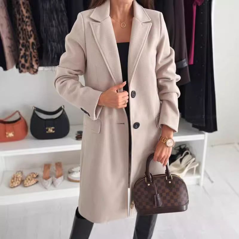 "Women's Lapel Single-Breasted Wool Coat – Winter Solid Color Long Jacket"