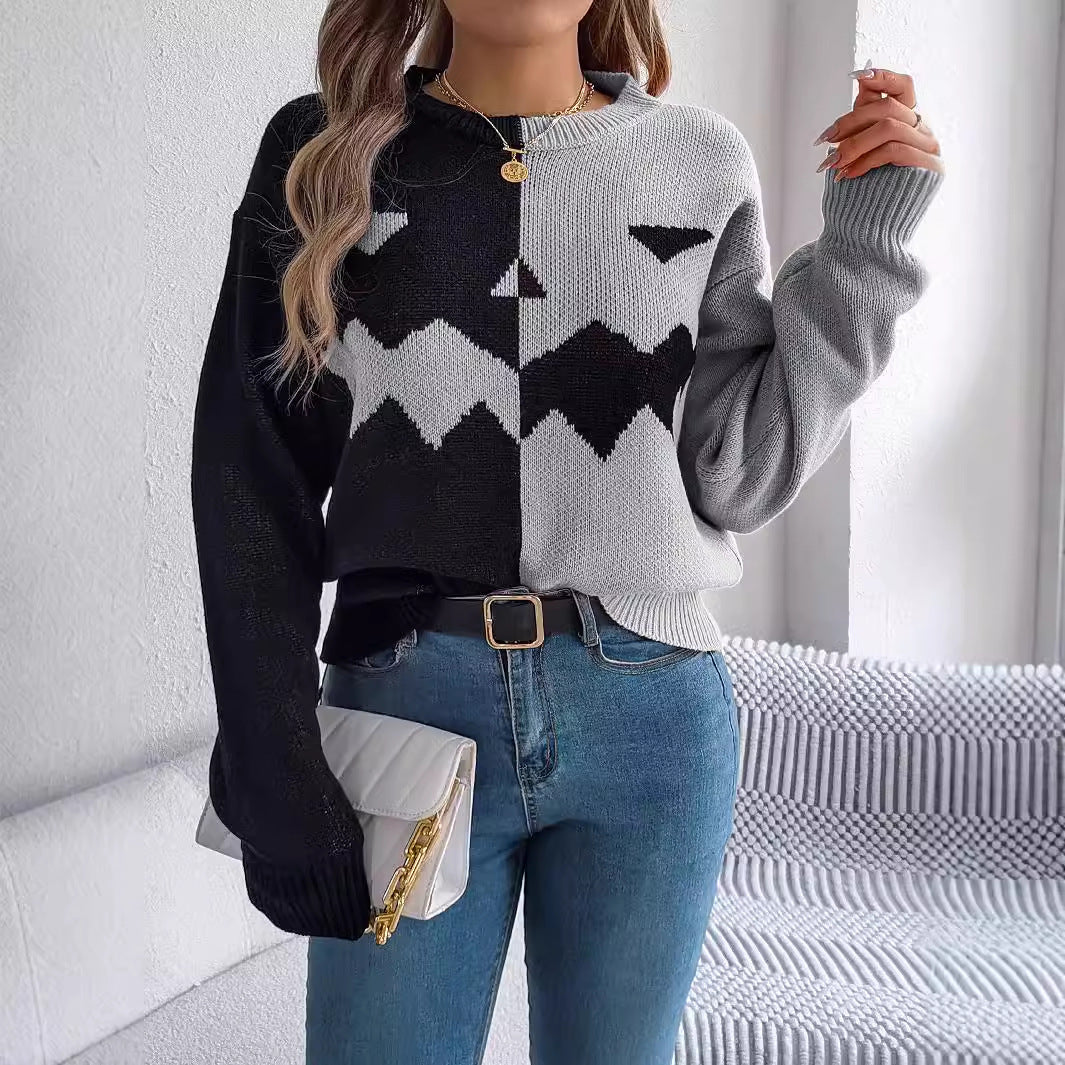 "Stylish and Cozy Halloween-Themed Contrast-Color Pullover Sweater – Long Sleeve Fashion Knitwear for Women’s Fall Collection"