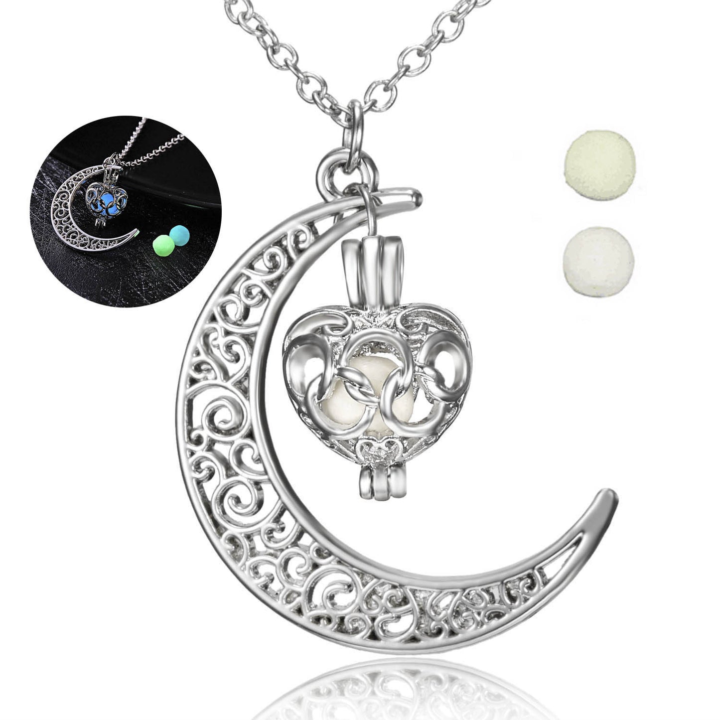 "Glow In The Dark Moon, Square, Heart Necklaces – Hollow Water Drop Pendant for Women with Night Fluorescence Light"