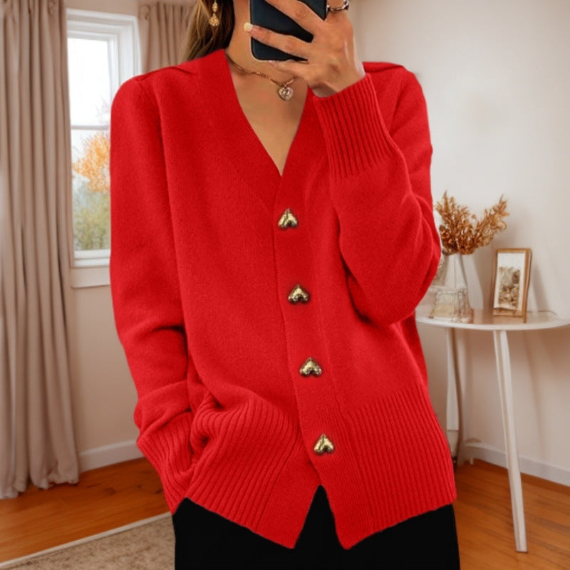 "Autumn & Winter Solid Color Long Sleeve V-Neck Knitted Cardigan"