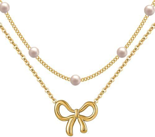 "Simple Pearl Double Layer Choker Fashion Gold Color Necklaces Chain Small Bow Pendant Necklace Jewelry Gifts For Women Fashion Jewelry Valentine's Day Gifts"