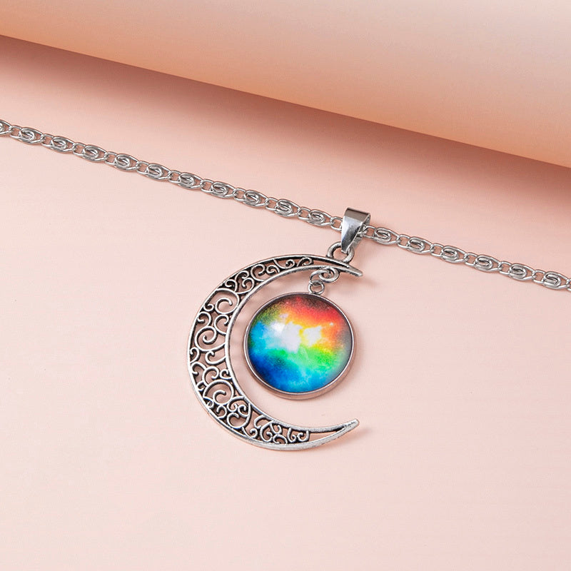 "Galaxy Planet Star Glass Necklace with Silver Hollow Moon Pendant – Cosmic Statement Jewelry for Women"