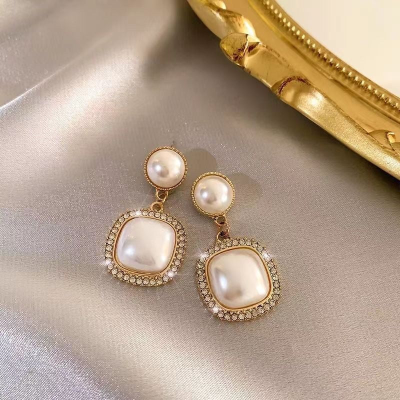 "Square Pearl Metal Alloy Earrings – Elegant Statement Piece"