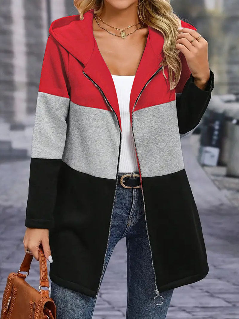 "Autumn and Winter Leisure Fashion Patchwork Hooded Jacket – Loose Color Contrast Style for Casual Comfort"