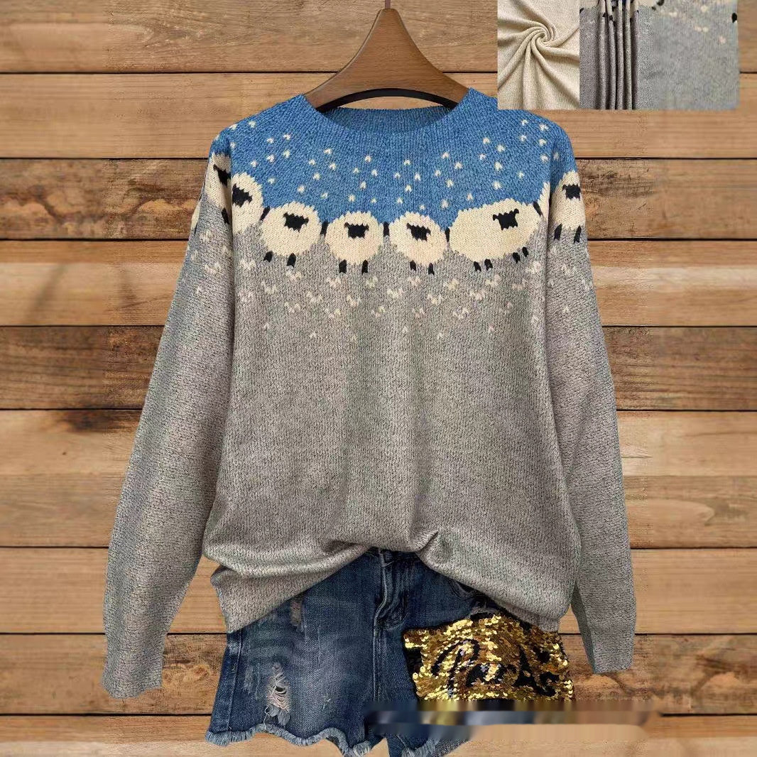 "Autumn Thin Printed Round Neck Long Sleeve Knitted Loose Casual Top – Effortless Comfort with a Stylish Twist"