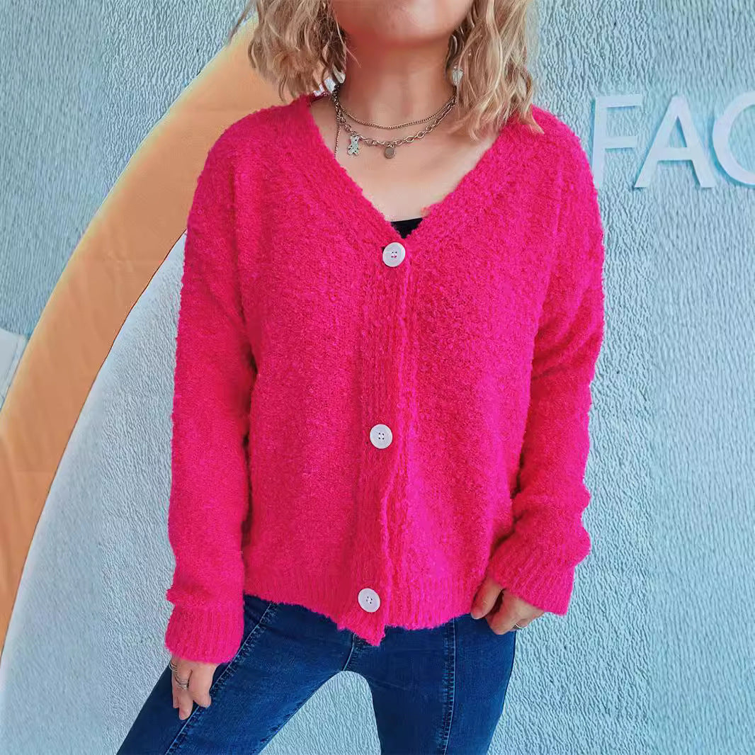 "Solid Color V-Neck Single-Breasted Seersucker Knitted Cardigan Coat for Women"