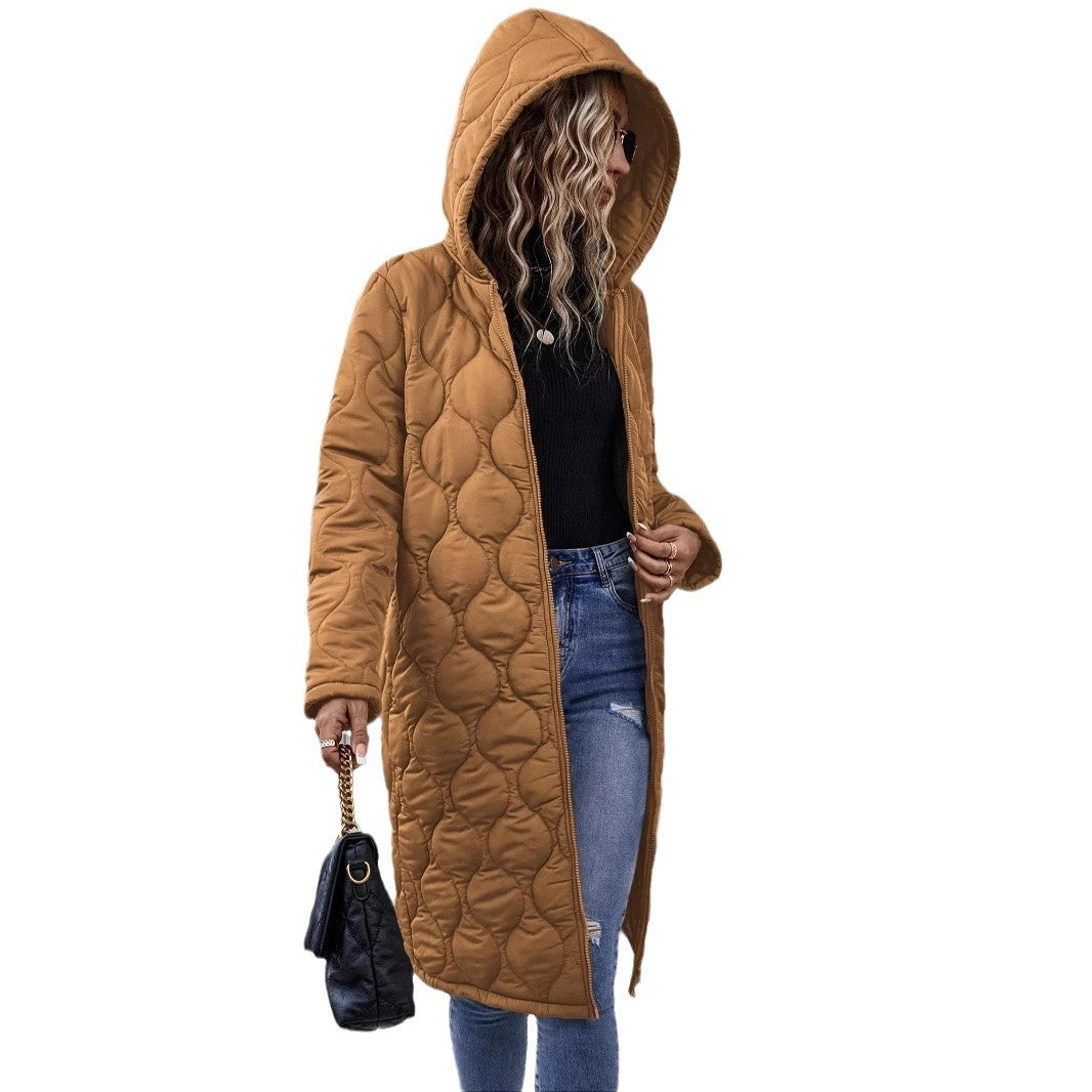 "Women's Thickened Cotton Hooded Jacket with Zipper Closure"