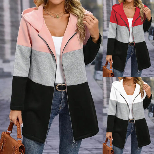 "Autumn and Winter Leisure Fashion Patchwork Hooded Jacket – Loose Color Contrast Style for Casual Comfort"