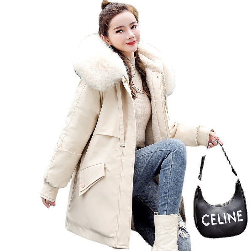 "New Fleece-Lined Mid-Length Coat – Big Fur Collar Thicken Cotton Outerwear for Ultimate Winter Warmth"