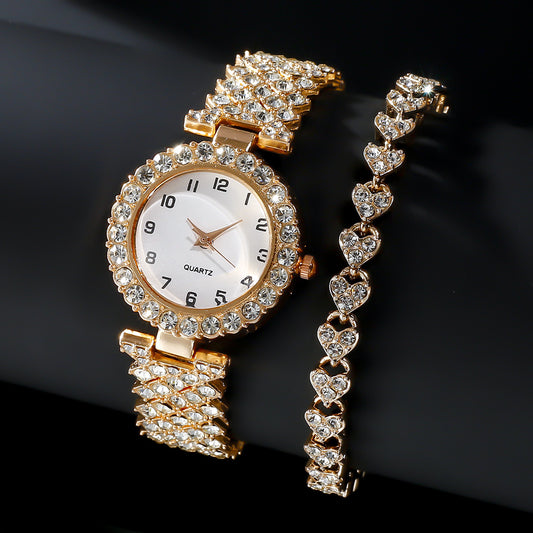 "Luxury 2-Piece Women’s Watch & Bracelet Set – Silver Strap Quartz Wristwatch with Alloy Bracelet"